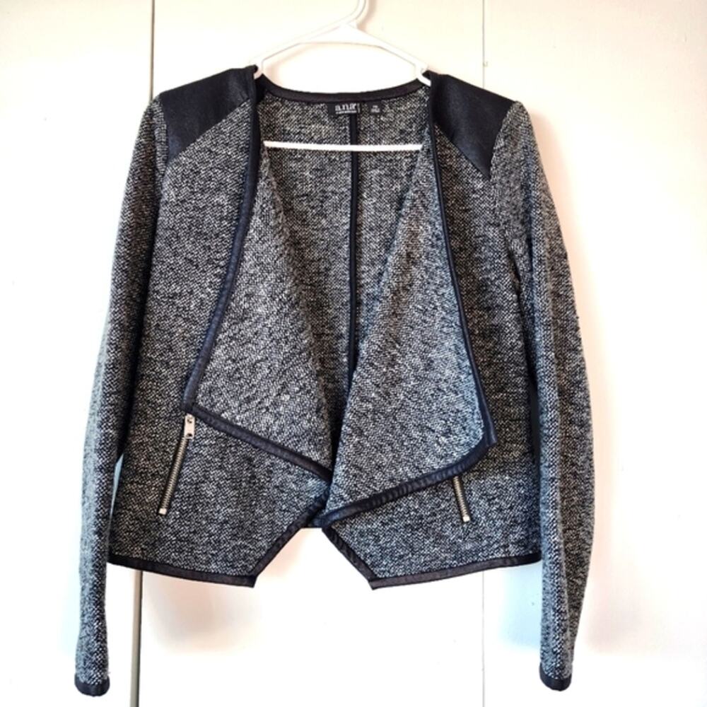 A.N.A. Petite Small Tweed Jacket Black & White Faux Leather Trim